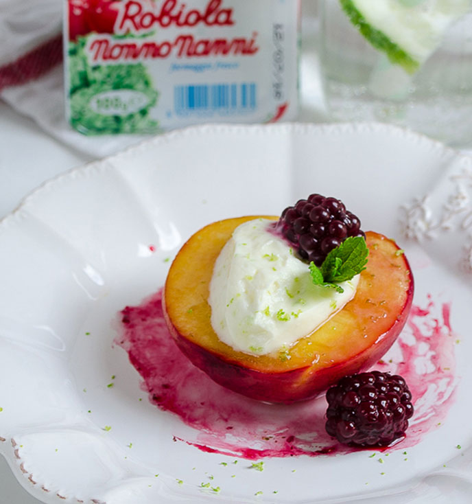 Baked Peaches with Nonno Nanni Robiola and Blackberries